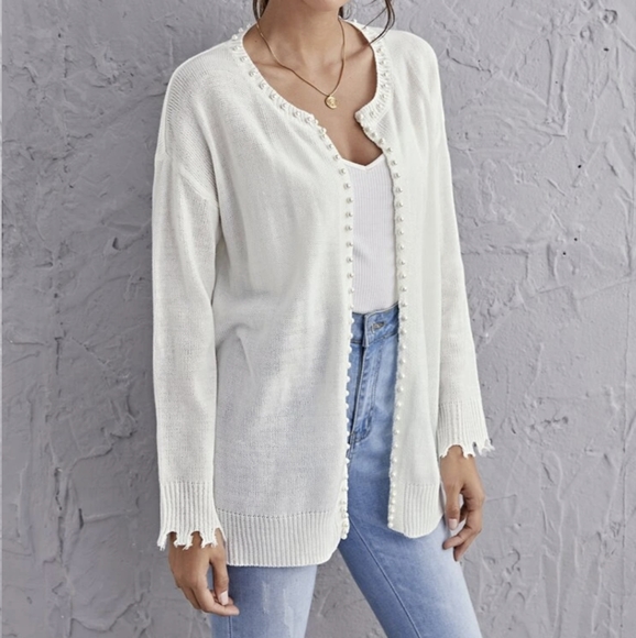SHEIN Sweaters - NWT Pearl Beaded Distressed Cardigan, white, small